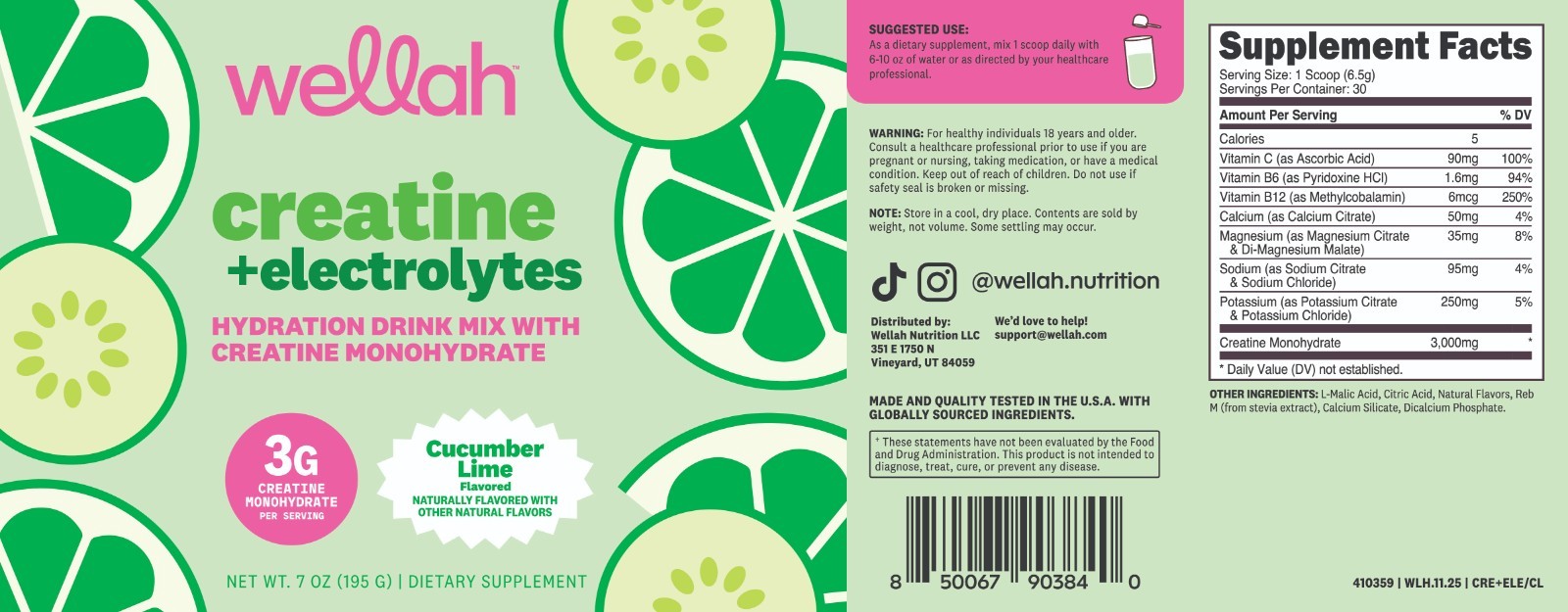 Wellah Creatine + Hydration Powder (Cucumber Lime) 30 Servings – Electrolyte Mix