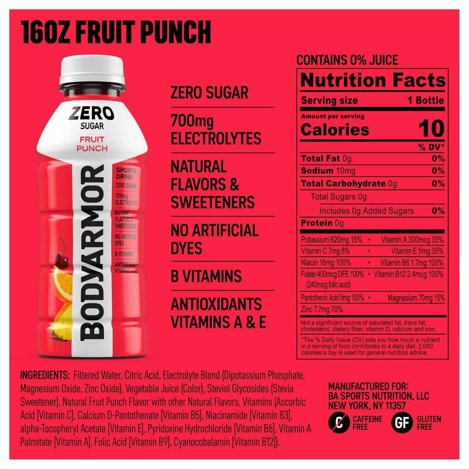 6 Pack Zero Sugar Fruit Punch Sports Drink – Hydration with Electrolytes, 16 Oz