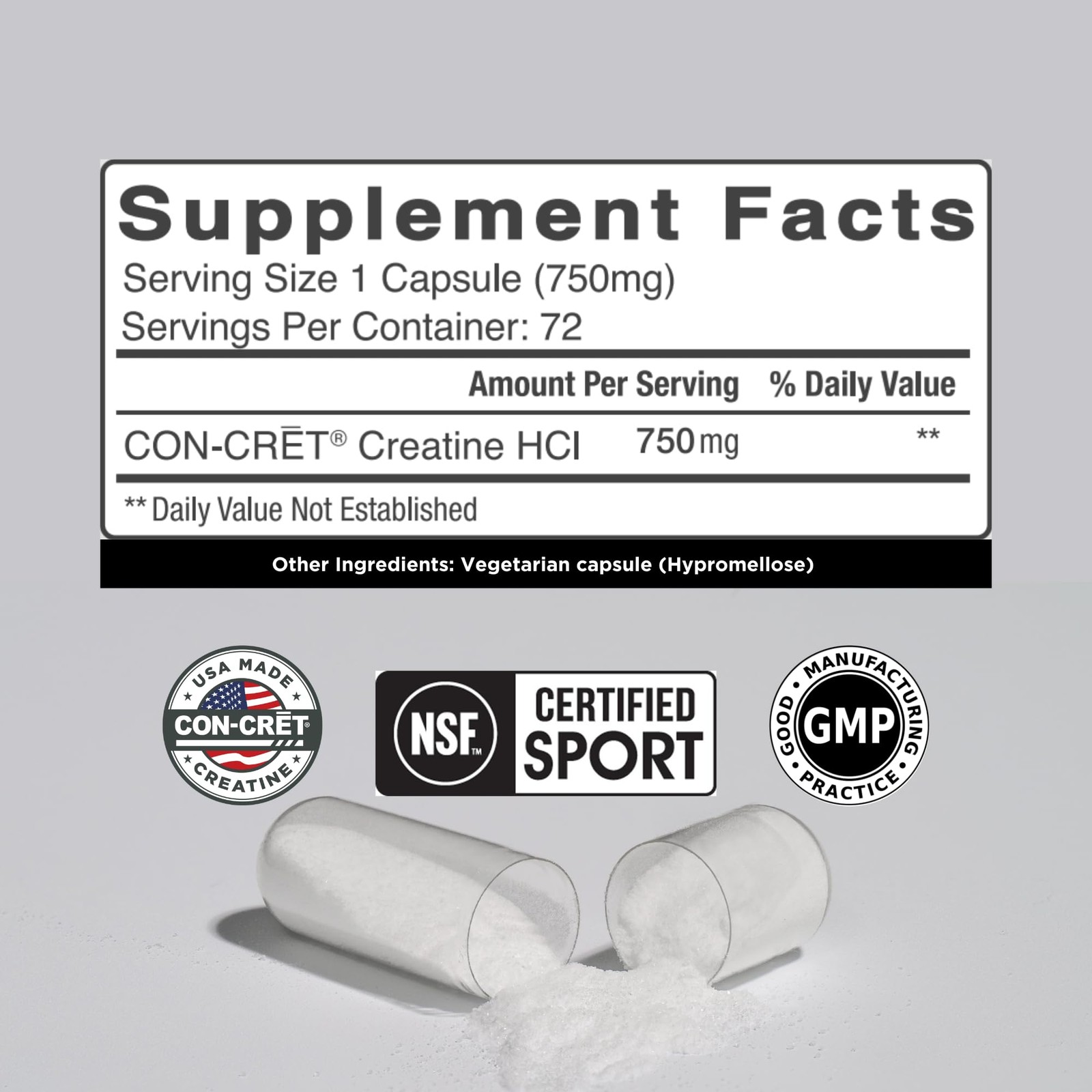 ProMera Sports CON-CRET Patented Creatine HCl Capsules 750 mg, 72 Caps