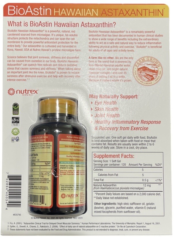 BioAstin Hawaiian Astaxanthin 12 mg Supplement 120 gel Caps