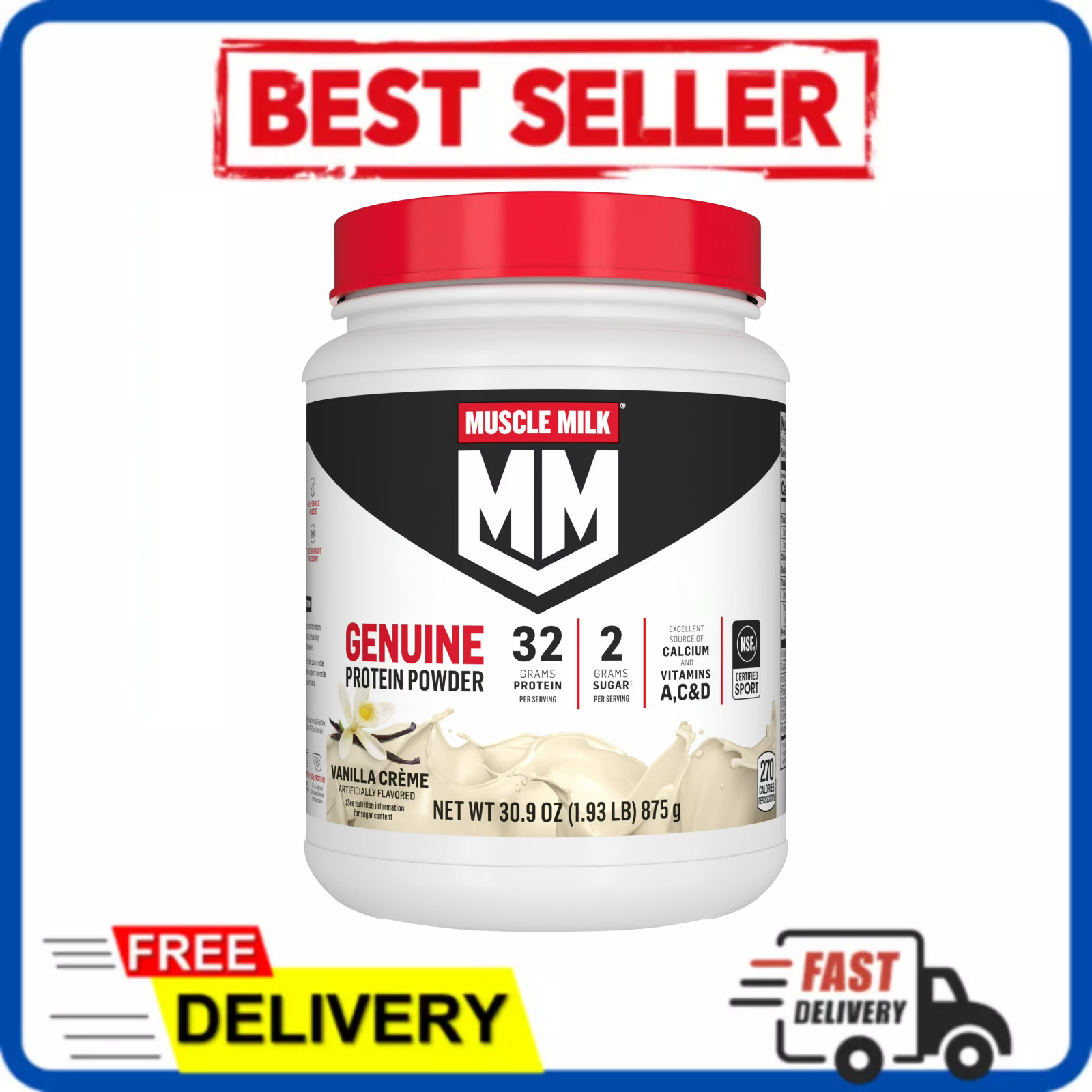 Muscle Milk Genuine Protein Powder Vanilla Crème 32g Protein 1.93 lb NSF Cert