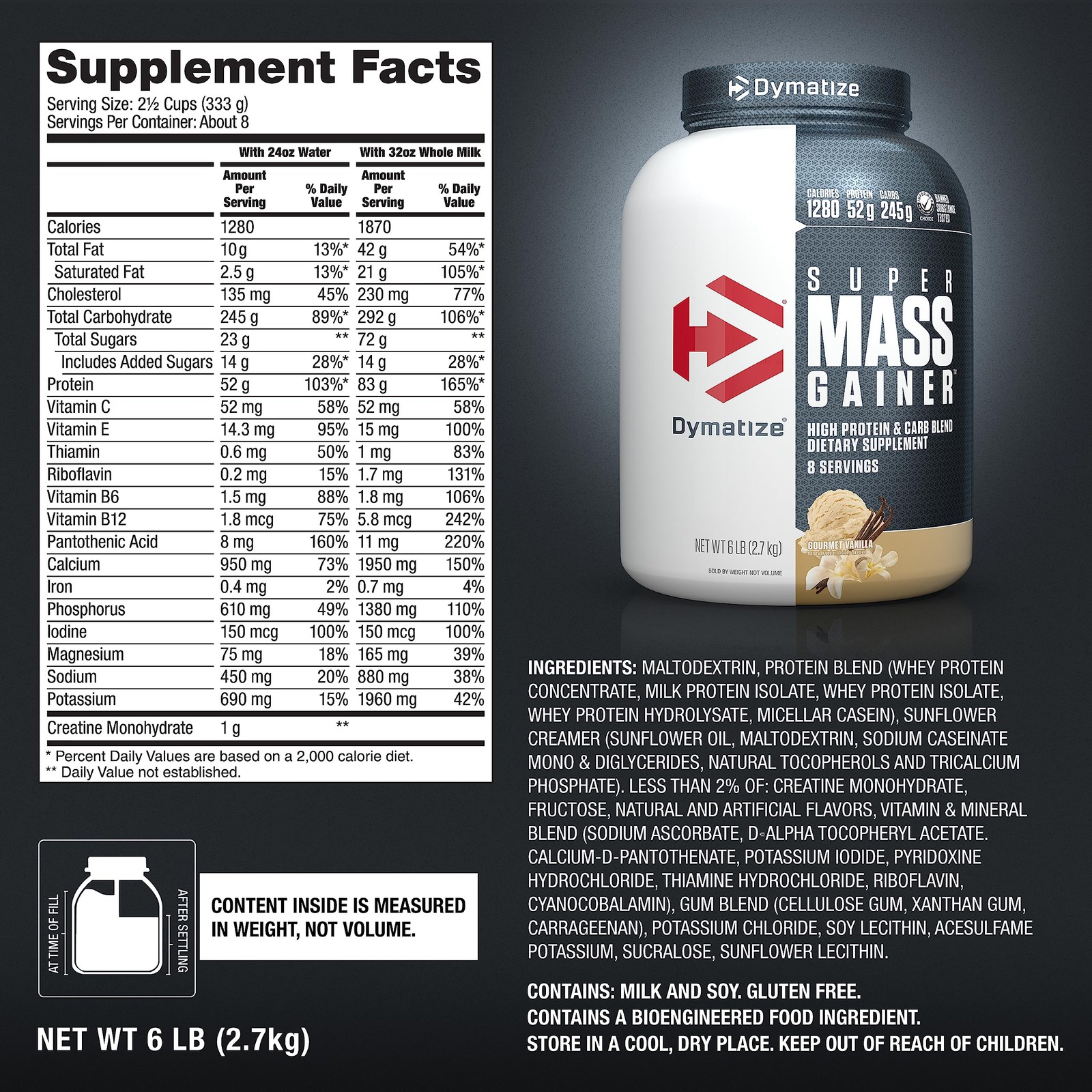 Dymatize Super Mass Gainer Protein Powder, Gourmet Vanilla, 52g Protein, 1g C…