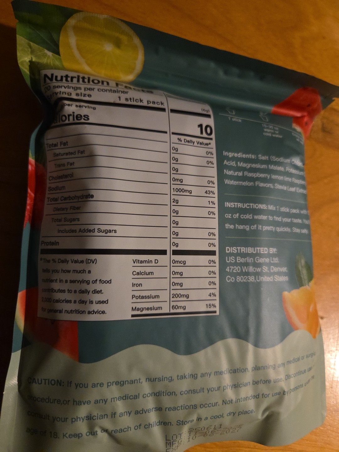 US Berlin Gene Electrolytes Drink Mix Powder 4 Flavors 20 Stickpacks Low Calorie