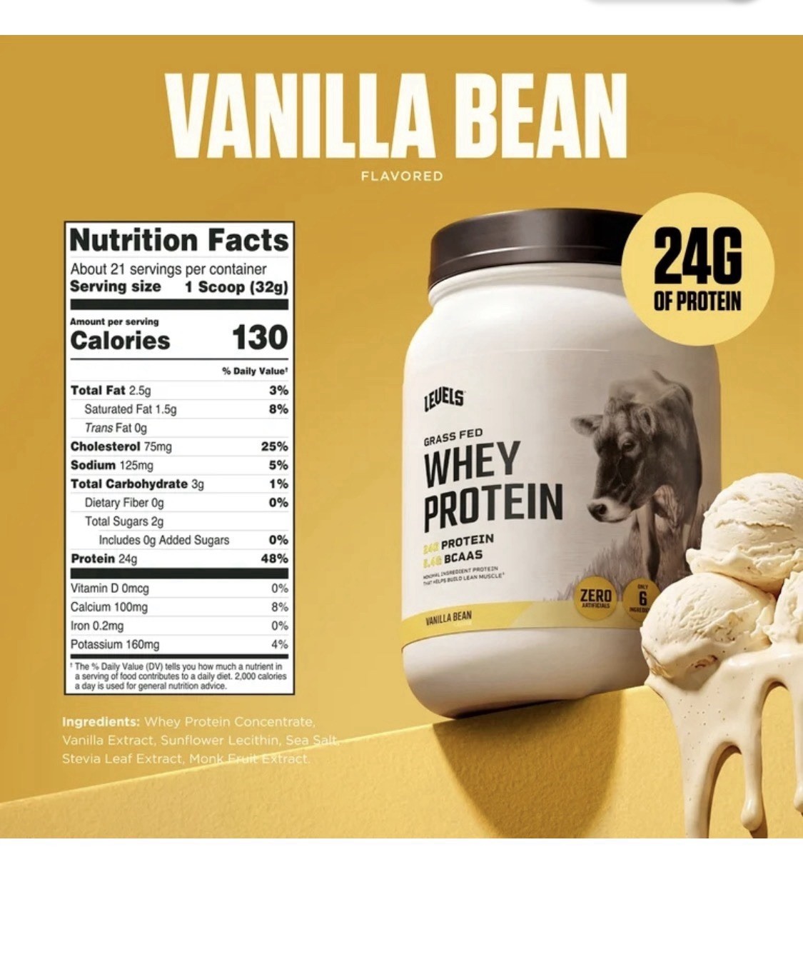 Levels Grass Fed Whey Protein Powder Zero Artificials Vanilla Bean