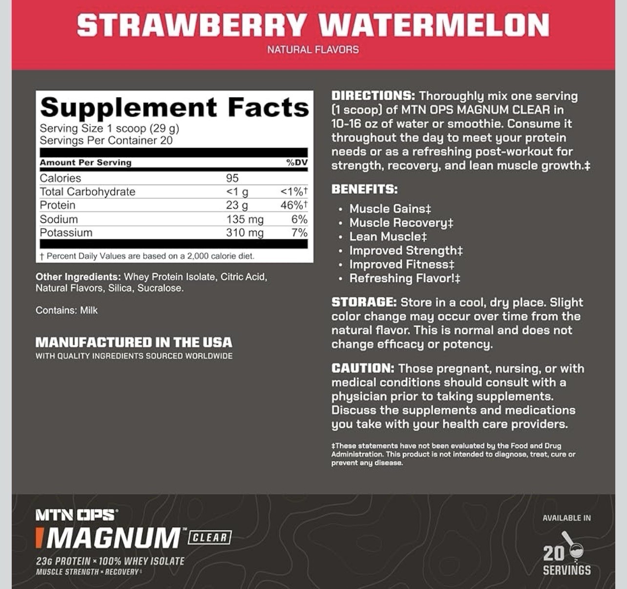 MTN OPS Magnum Clear 100% Whey Protein Powder Isolate 23g Per Serving Low Carb