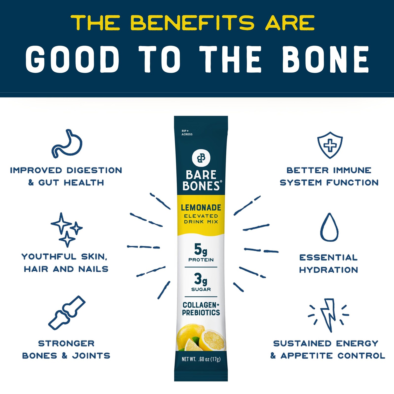 Bare Bones Lemonade Collagen Peptides Powder Drink Mix Packets | 5g Protein