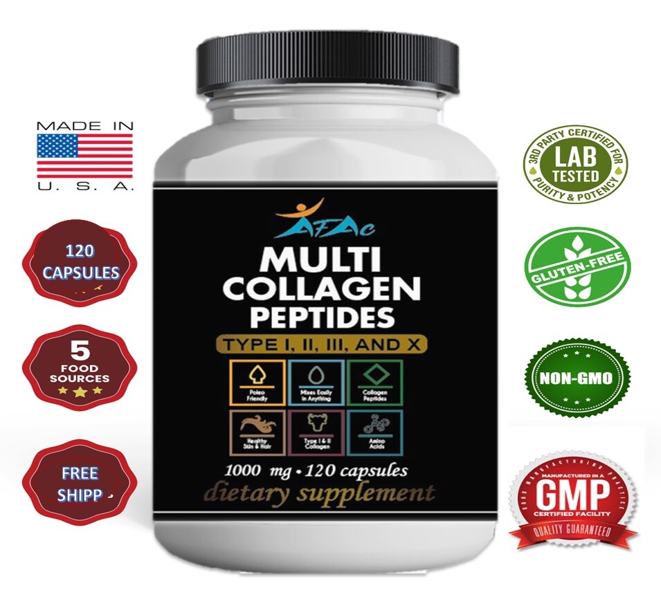 Collagen Peptides 1000 Mg Hydrolyzed Anti-Aging Types I,II,III,V,X 120 CAPSULES