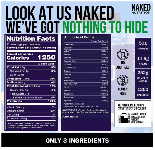 Naked Mass Weight Gainer Protein Powder 8LB 1250 Cal NSF GMO Free