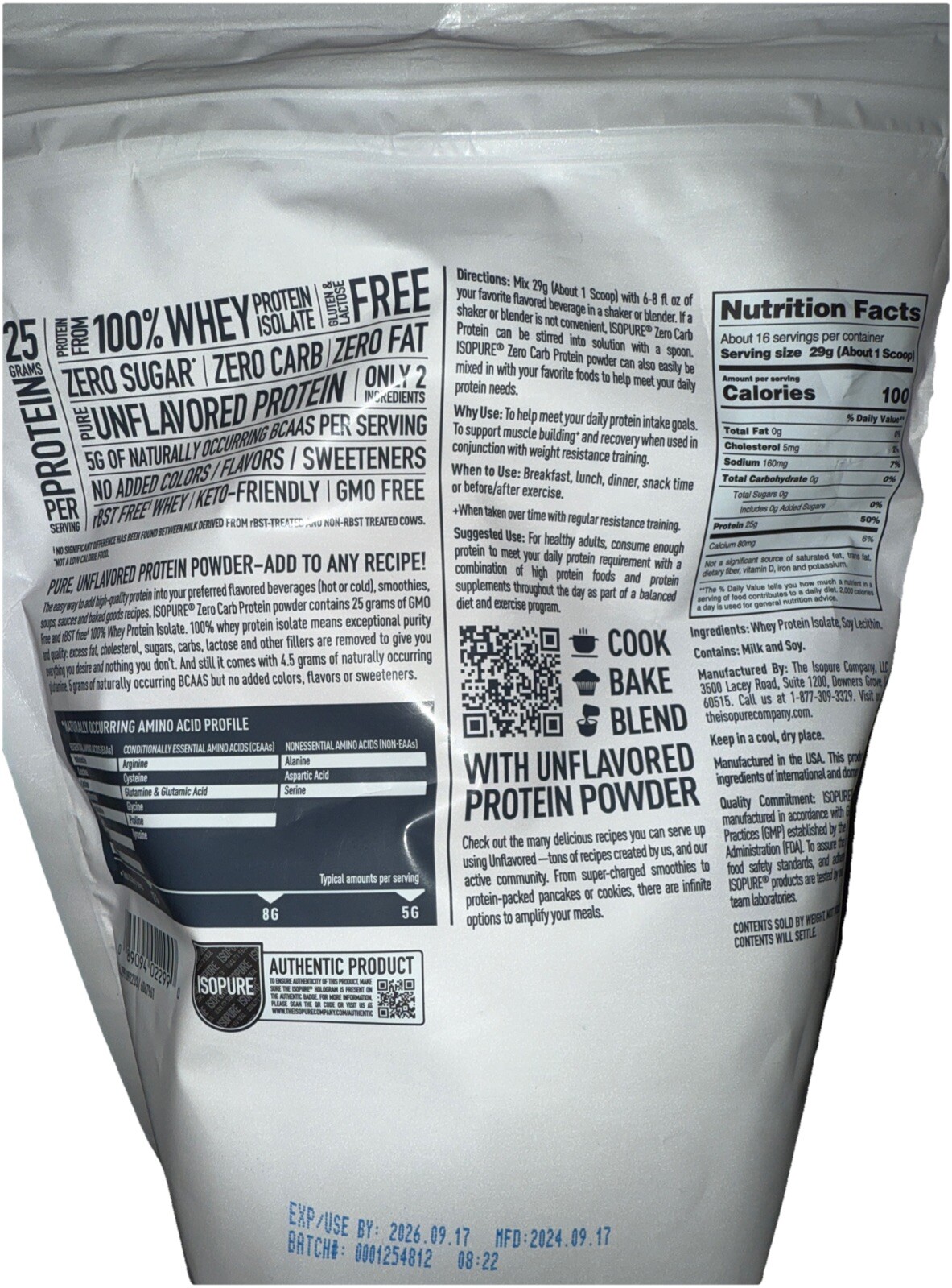 Isopure Protein Powder, Whey Protein Powder, 1 lb. – Unflavored – Exp. 2026