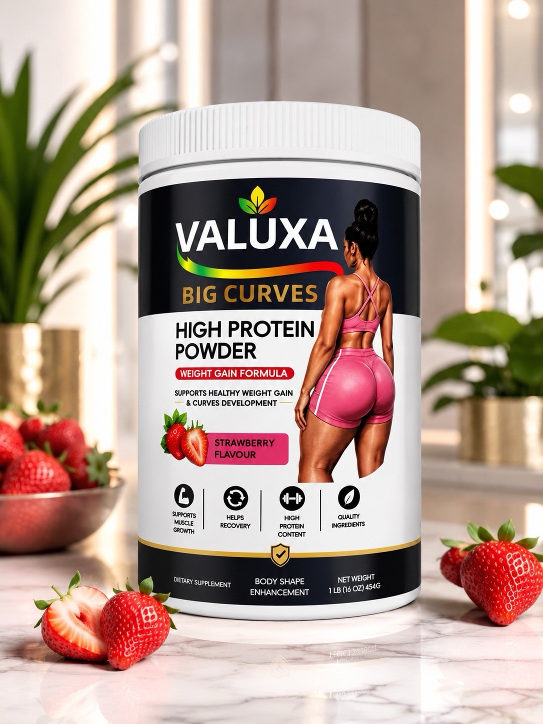 VALUXA Big Curves High Protein Weight Gain Powder, Strawberry Flavor 1 lb