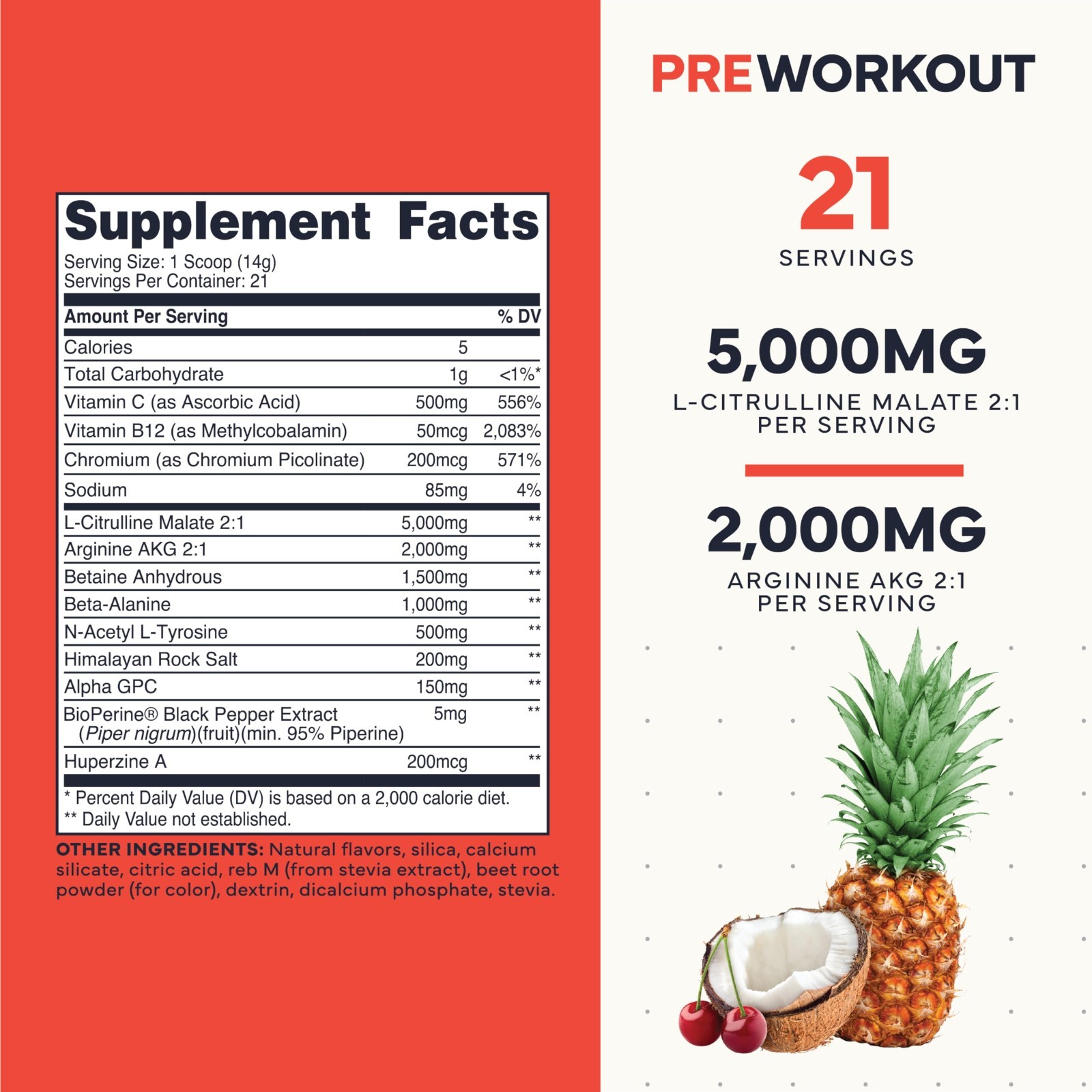 Stim-Free Pre Workout Powder – Tropical Fruit Punch, 21 Servings, Nitric Oxide B
