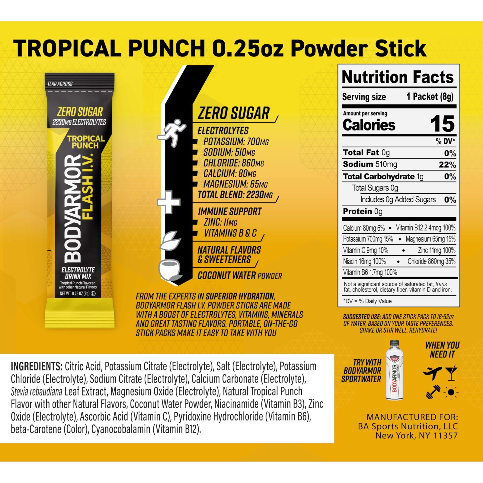 Electrolyte Drink Mix Packets, Tropical Punch, Zero Sugar, Coconut Water Powder,