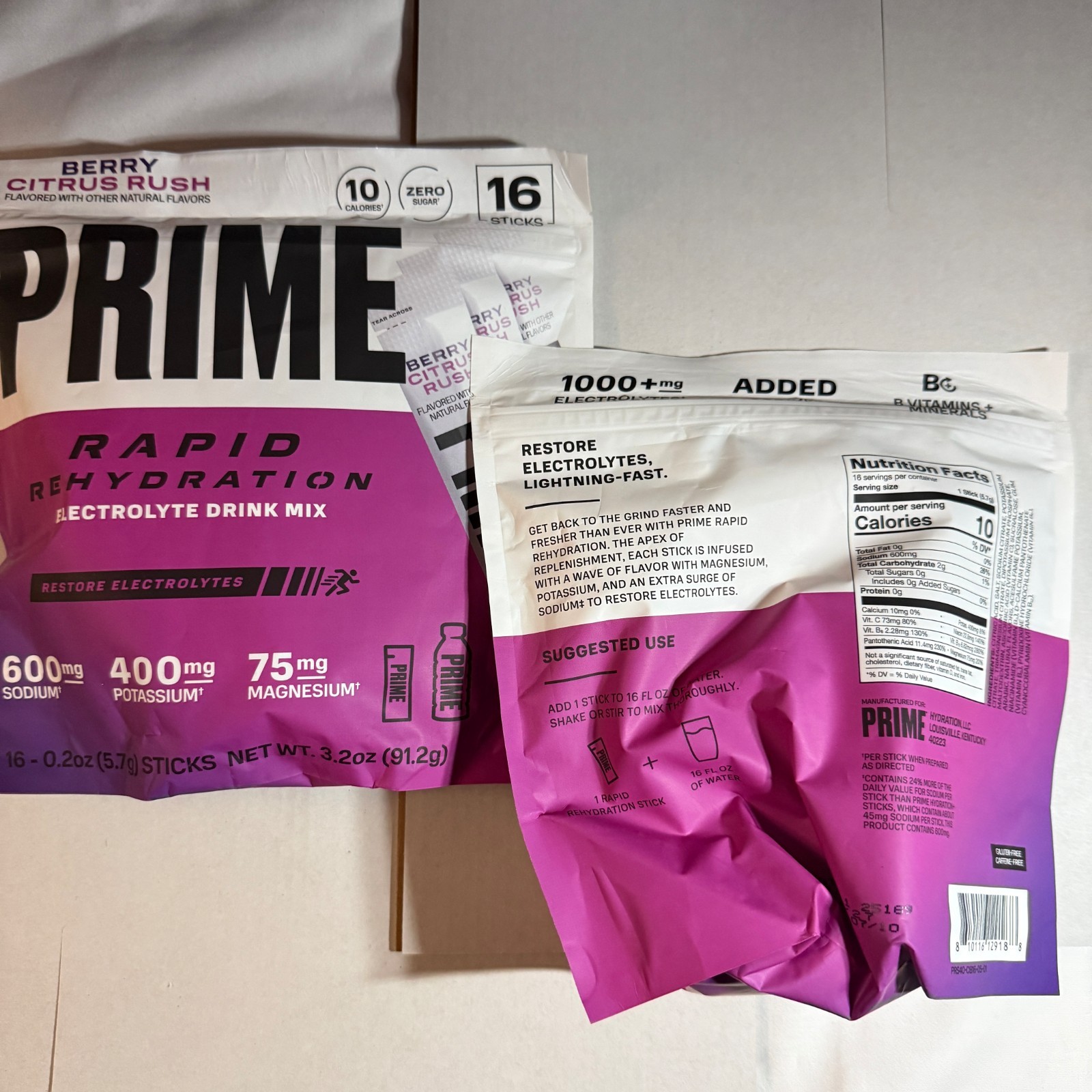 PRIME HYDRATION+ Electrolyte 2 Powder Sticks Bags Berry Citrus Rush 32 Count