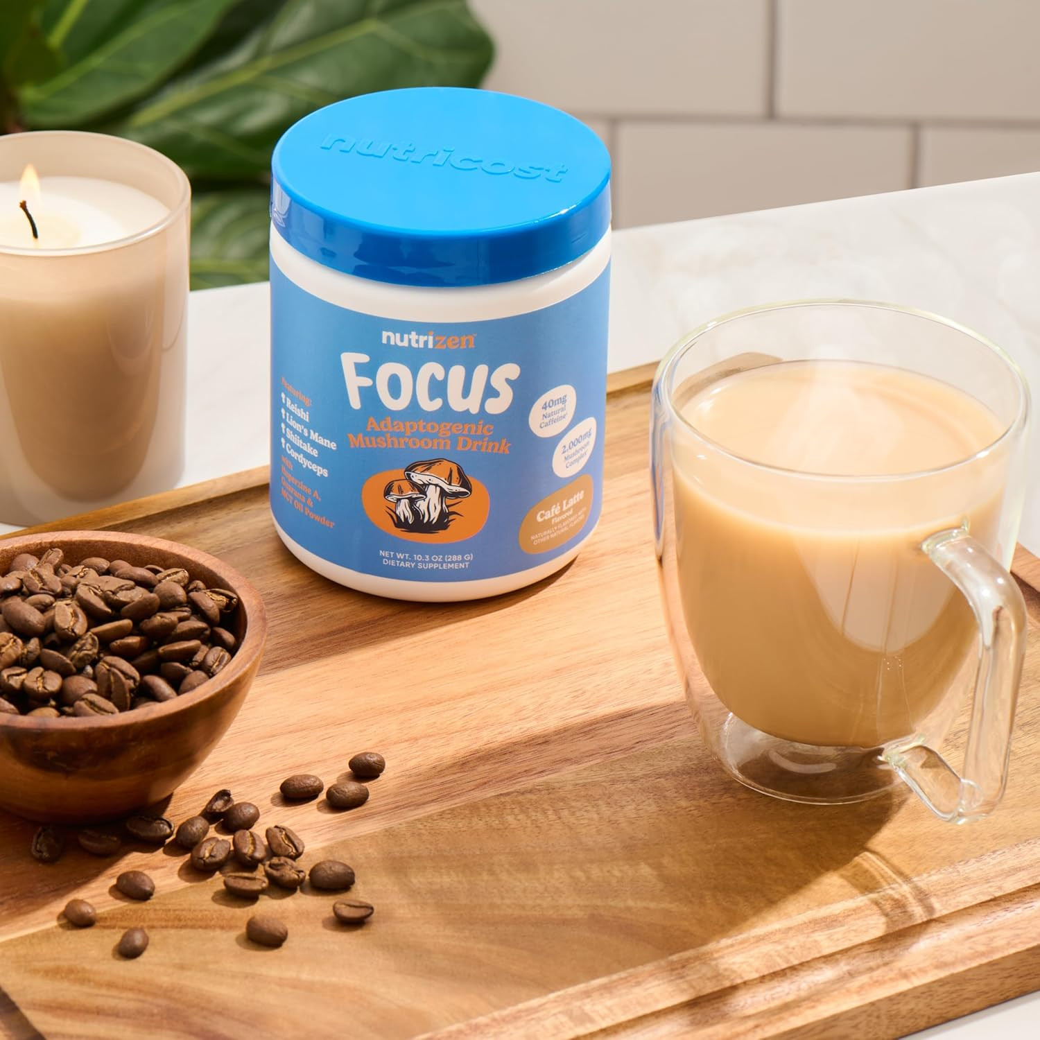 Nutricost Nutrizen AM Focus Adaptogenic Mushroom Drink Powder Reishi Lion’s Mane