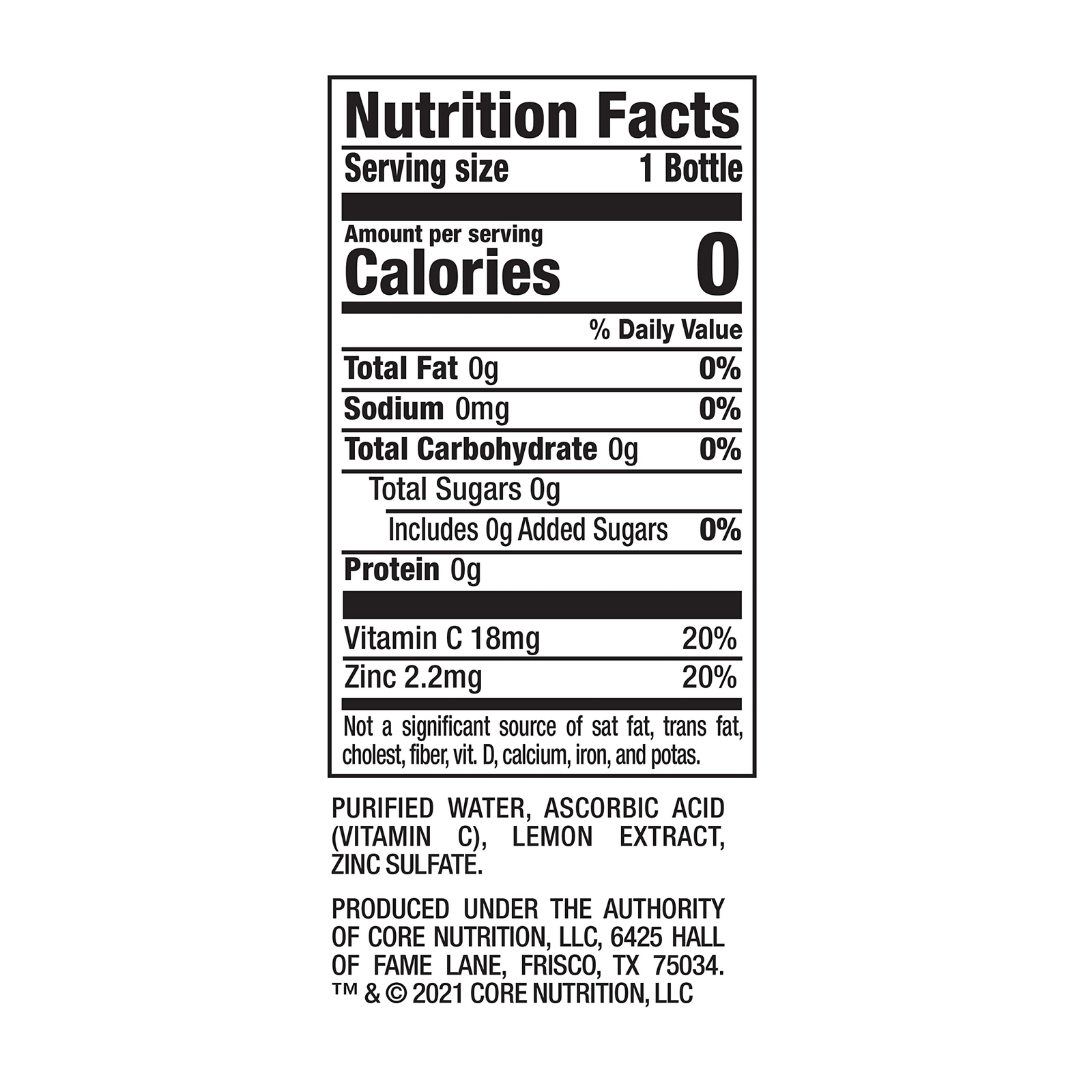Core Hydration Immunity Drink with Vitamin C Zinc and Lemon Zero Calories