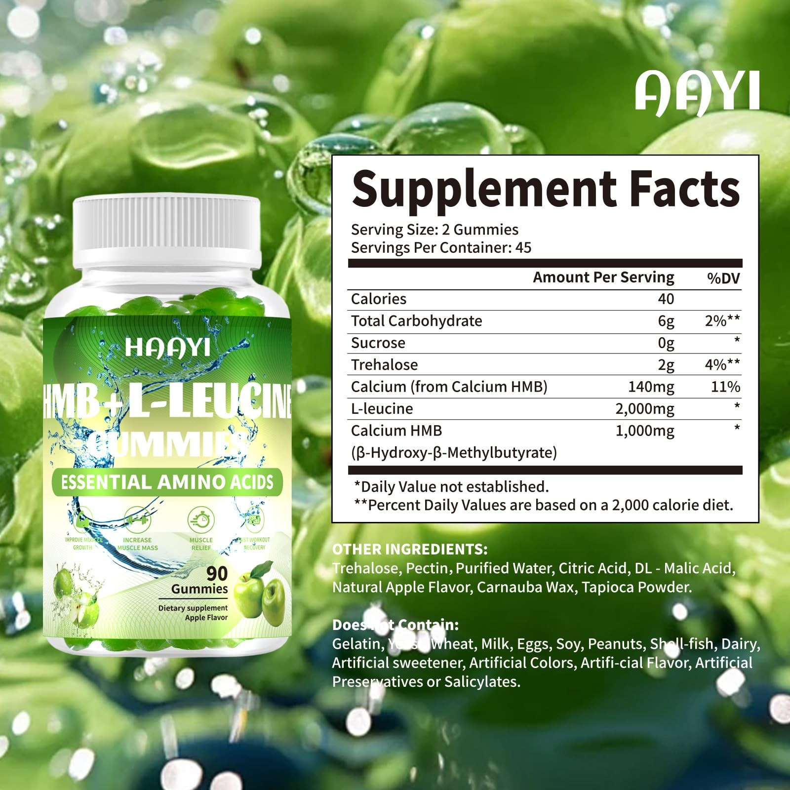 HMB L-Leucine Gummies 3000mg Sugar Free Muscle Growth Recovery 90 Ct