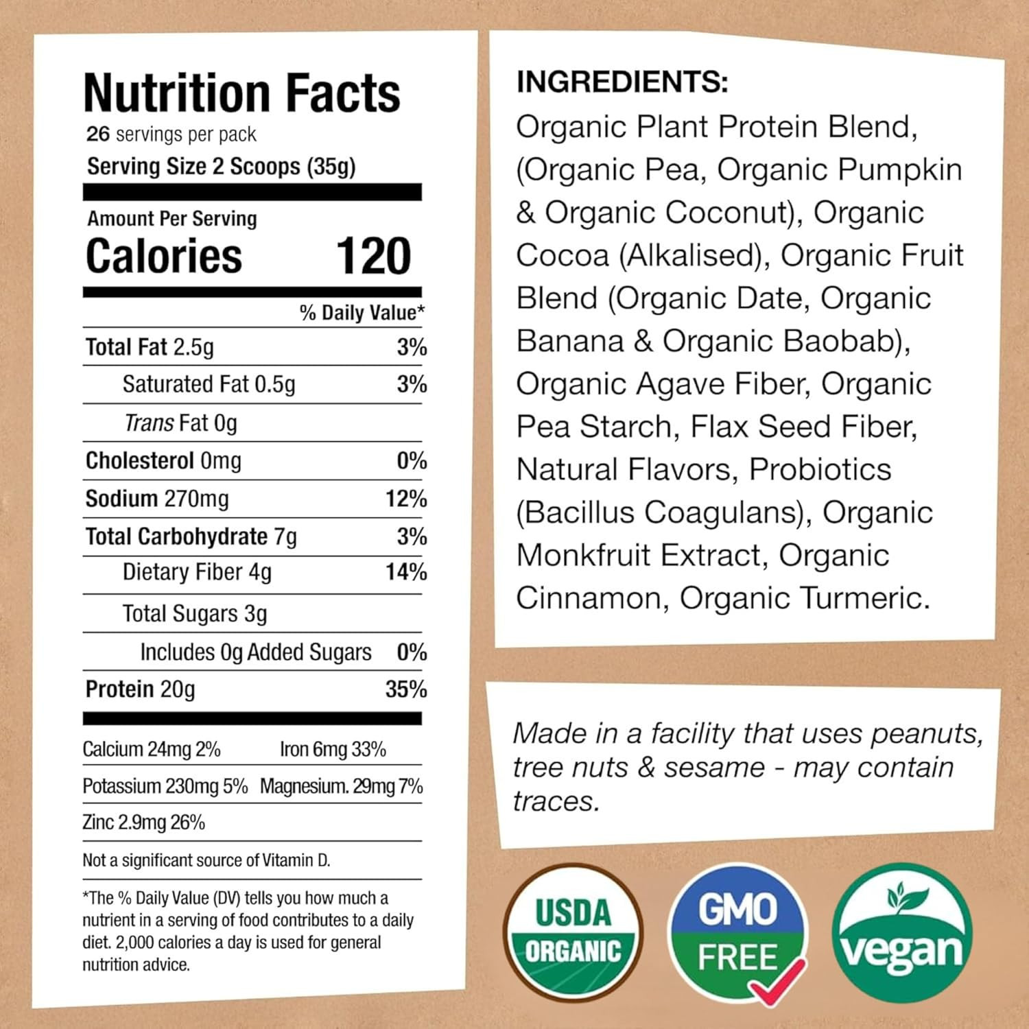 Organic Vegan Protein Powder – with Probiotics – Non GMO, Dairy Free, Non Whey,