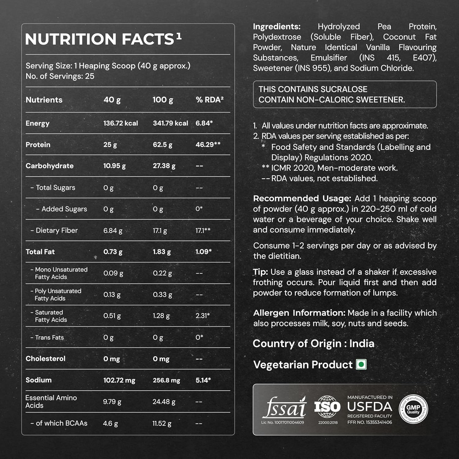 Plant Based Protein Powder 25g Protein ,4.6g BCAA | French Vanilla , 12 Servings