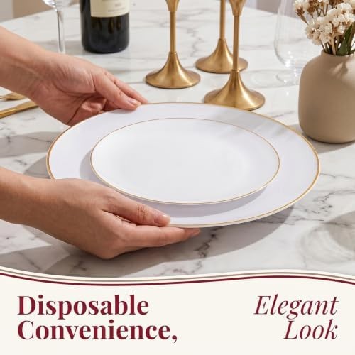KIRE 100PCS White and Gold Plates – Plastic Disposable Plates – Includes 50Pi…