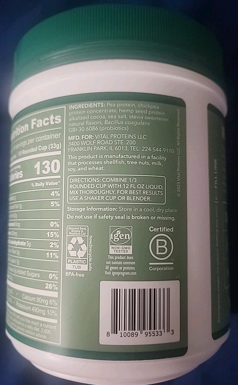 VITAL PROTEINS Plant Protein Powder Chocolate Flavor 15 Oz Exp 3/27