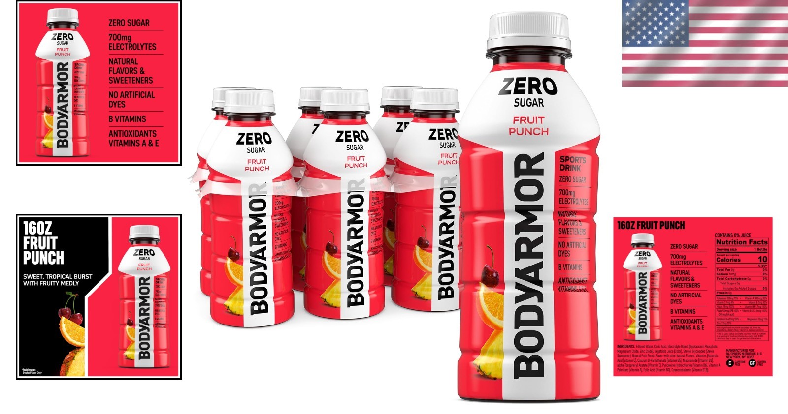 6 Pack Zero Sugar Fruit Punch Sports Drink – Hydration with Electrolytes, 16 Oz