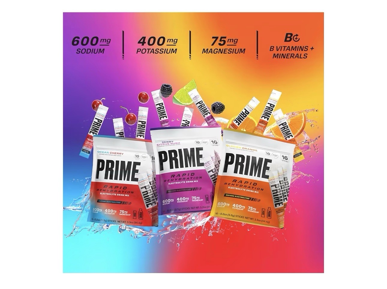Prime Rapid Rehydration Electrolyte Drink Mix Berry Citrus Rush 16 Sticks New