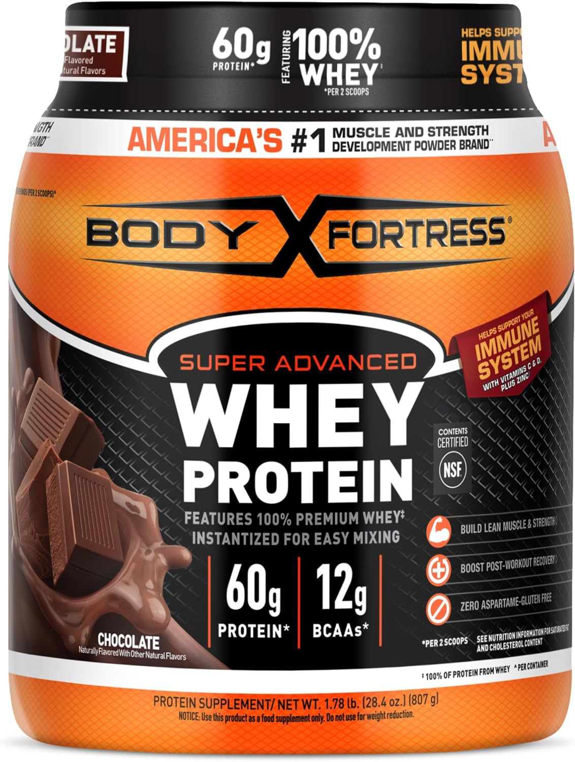 Super Advanced Whey Protein Powder, Chocolate, Immune Support 1.78 Lbs