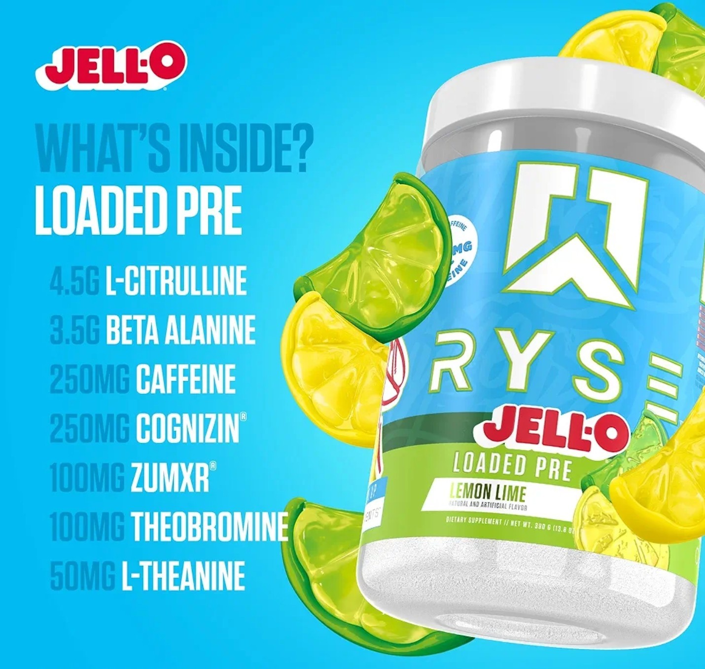 Ryse LOADED PRE 14 oz Size (30 Ser) JELL-O Series Lemon 🍋 Lime Fla BEST BY 9/26