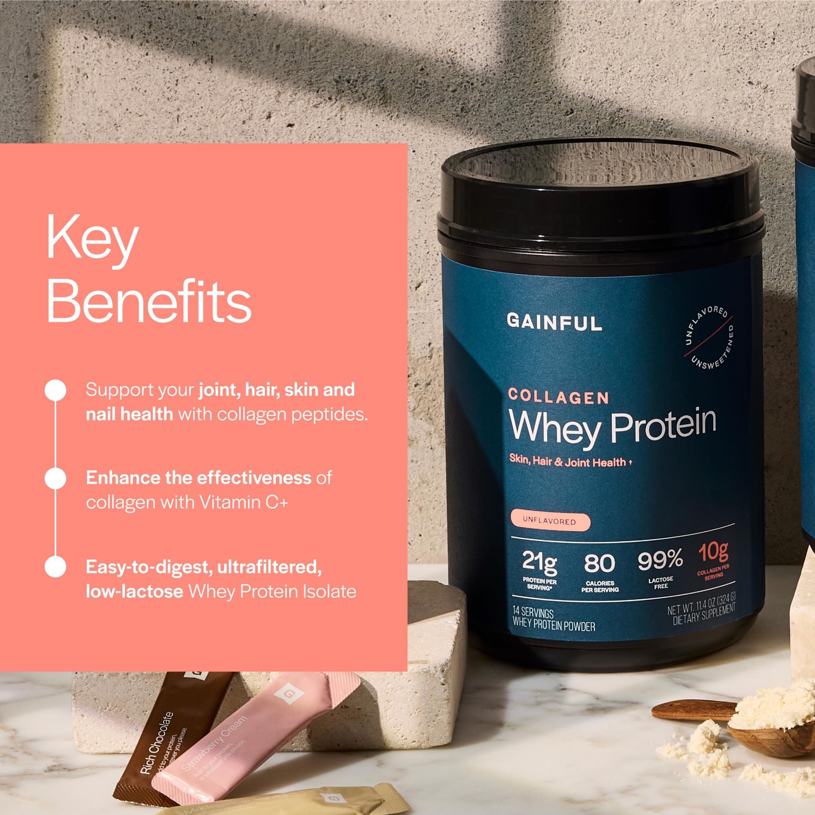 Gainful Collagen Whey Protein Powder, 21g Protein, Unflavored, Muscle & Joint