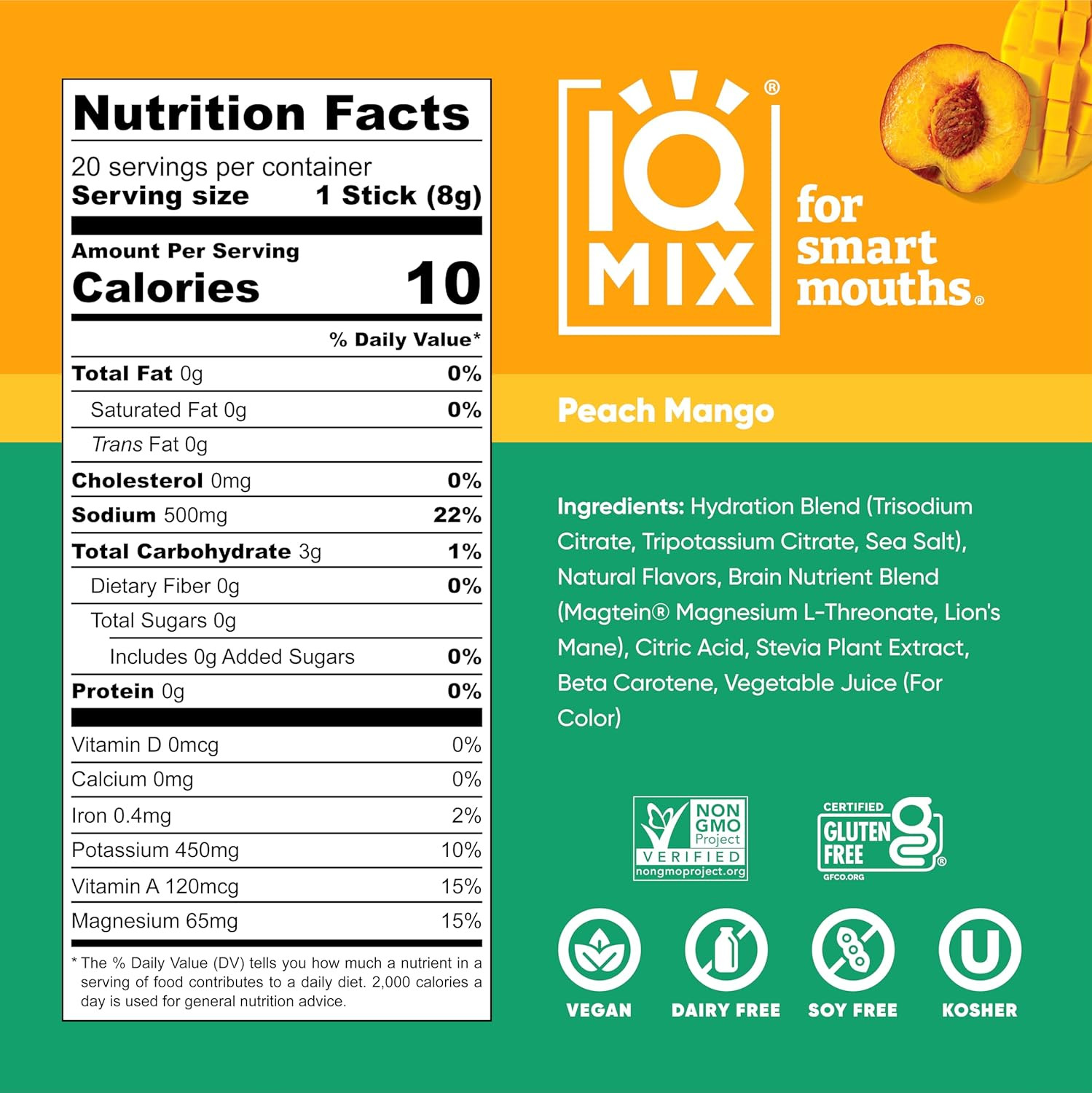 IQMIX Electrolyte Powder, Peach Mango, Sugar Free Keto Hydration Mix, 20ct