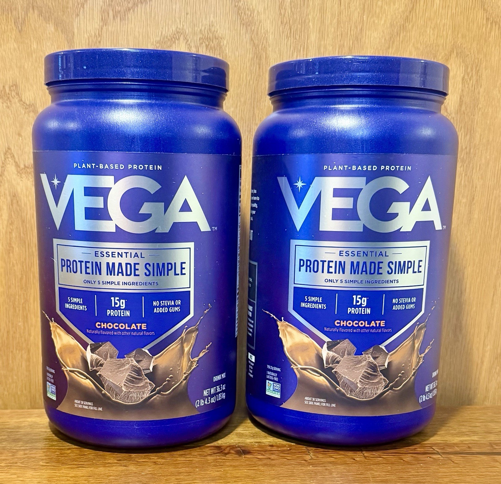 (2) VEGA Essential Protein Made Simple, Plant-Based Protein Chocolate 2lb 4.3 oz