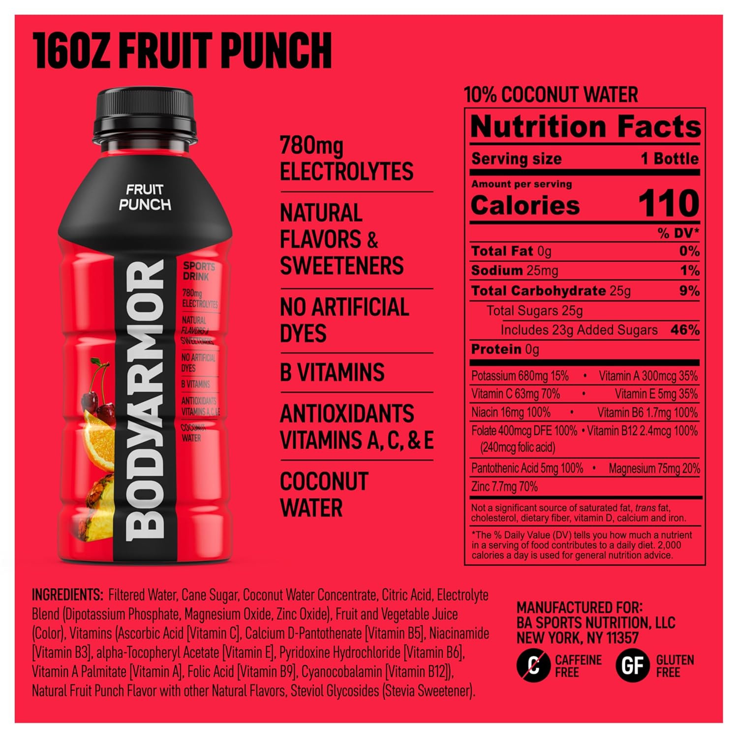 Sports Drink, Fruit Punch, Electrolyte Drink Hydration, 16 Fl Oz Bottles (12 Pac