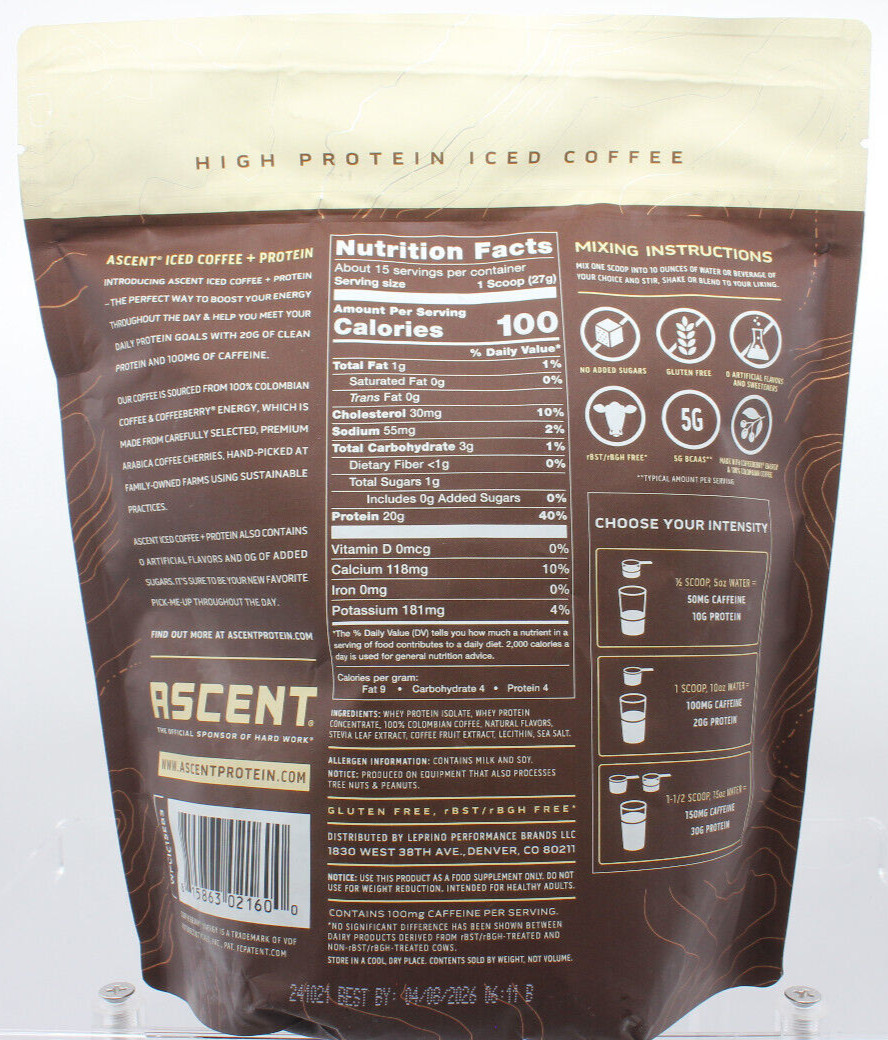 Ascent Iced Coffee + Protein, 100mg Caffeine + 20g Protein ea Scoop, 14.3oz