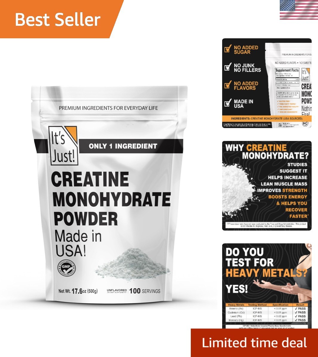 Unflavored Creatine Monohydrate Powder, Third-Party Tested, 1.1 lb Canister
