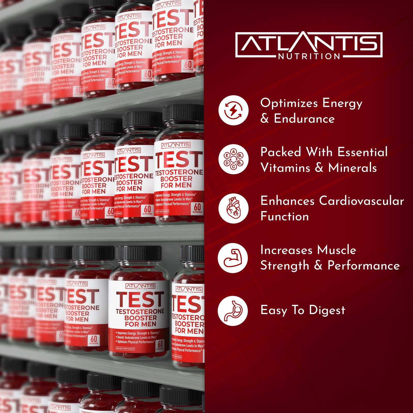 Atlantis Nutrition Testosterone Booster For Men Gummies 60 Count (Pack of 1)