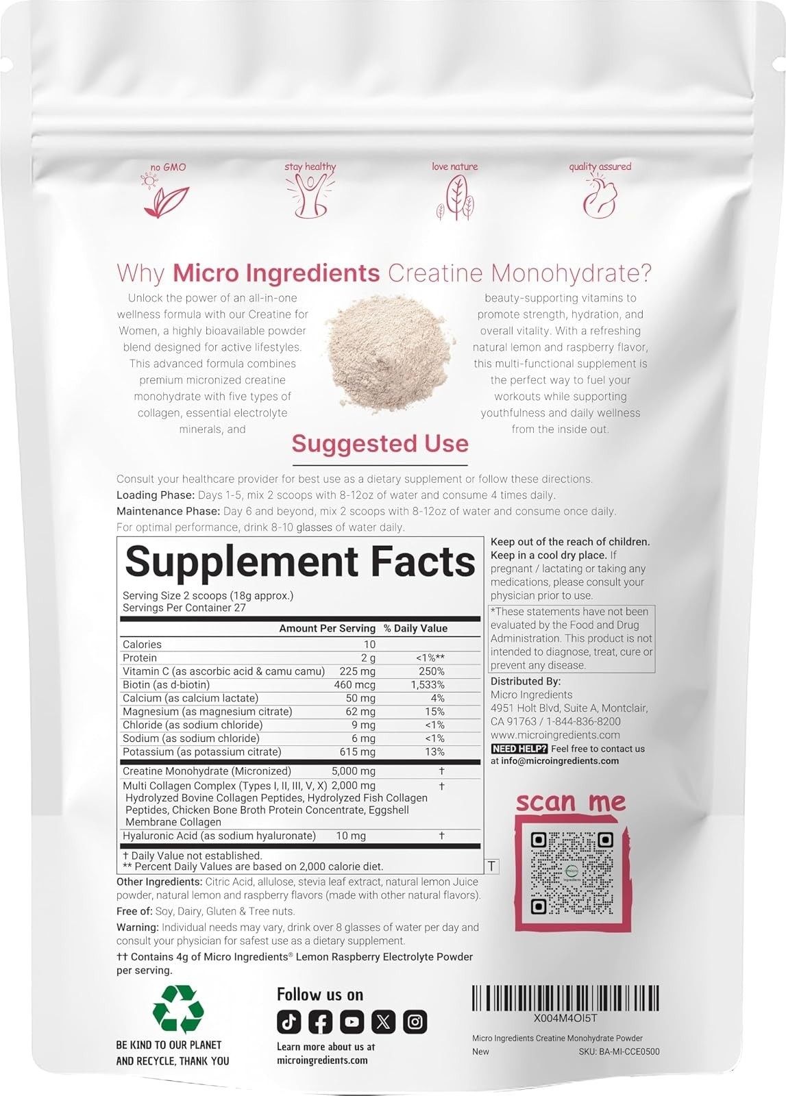 Micro Ingredients Creatine + Electrolytes + Multi Collagen Powder 5000mg