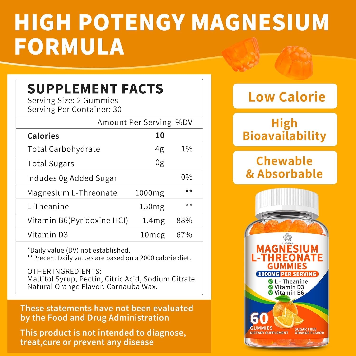 Magnesium L-threonate Gummies 1000mg for Kids & Adults, High Absorption
