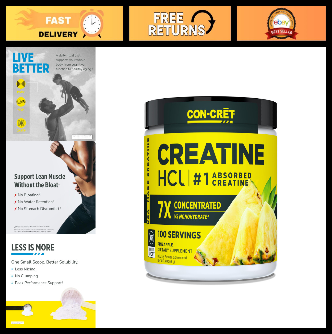 Creatine HCl Powder – Pineapple Flavor, 100 Servings, Muscle & Strength Support,