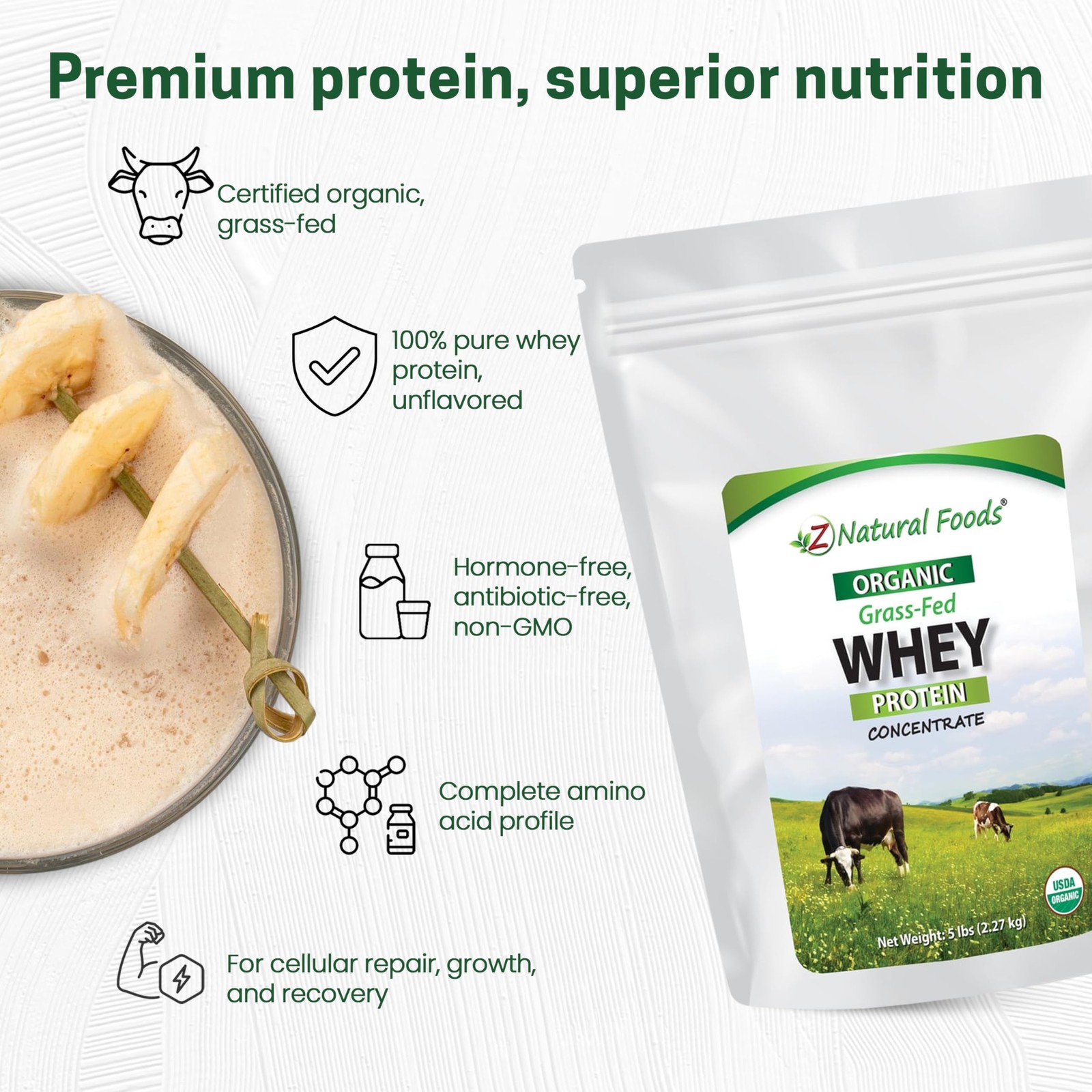 Z Natural Foods Organic Whey Protein Concentrate NutrientDense Grass Fed Whe…