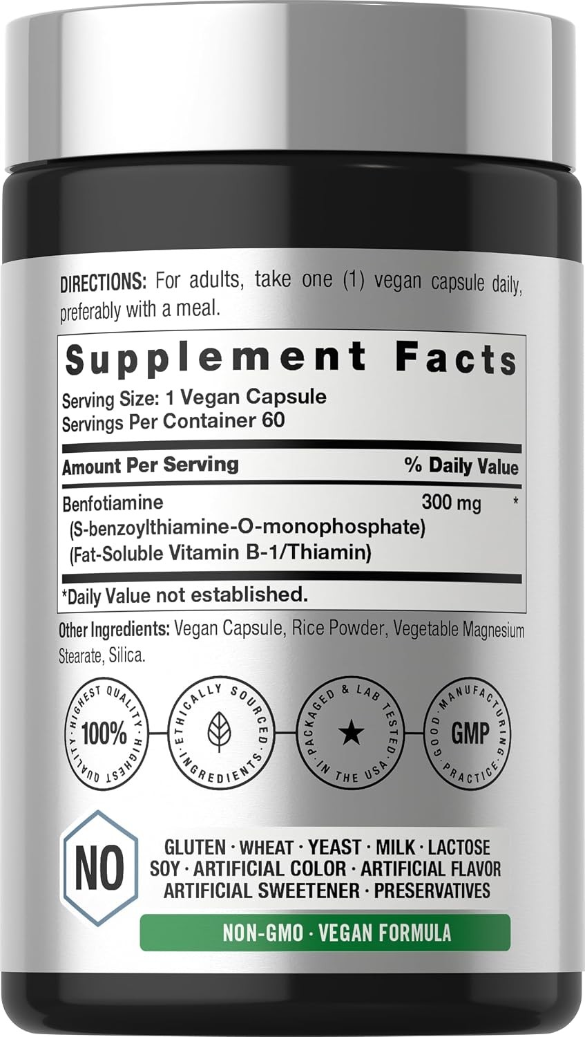 Horbaach Benfotiamine 300mg | 60 Capsules | Vitamin B1 Thiamine | Non-GMO & Glut