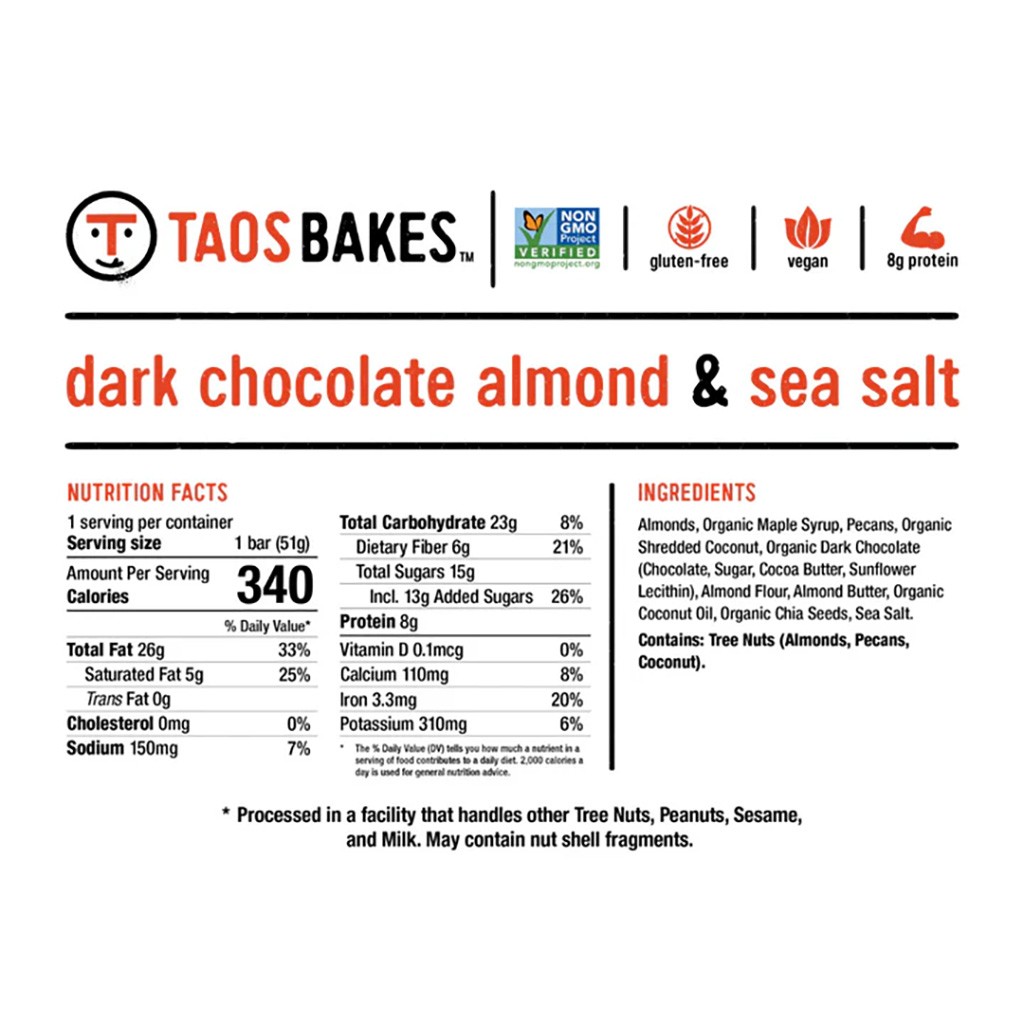 Taos Bakes Dark Chocolate Almond Energy Bar – Gluten-Free, Non-GMO, Vegan,