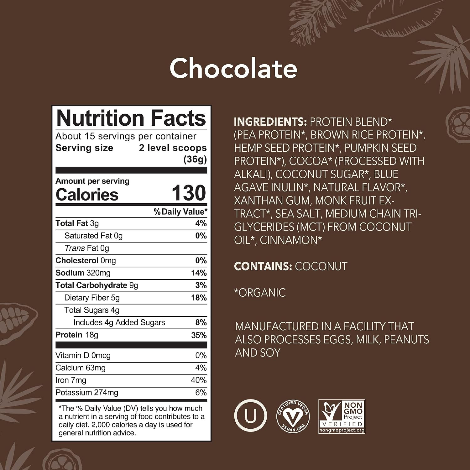 Organic Plant Based Protein Powder, Stevia Free, Chocolate, 19.6 Oz, 15 Servings