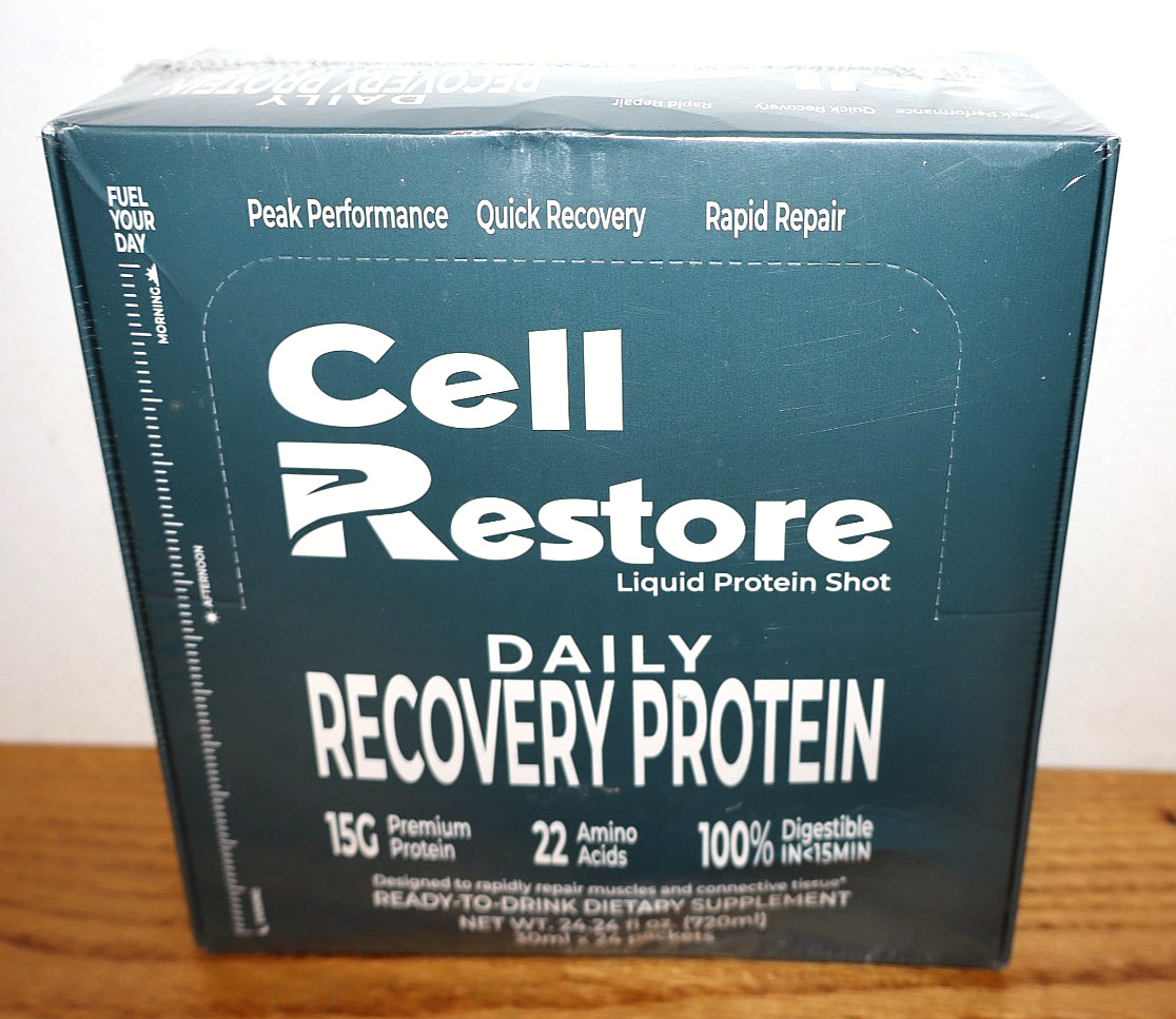 24-Pack CELL RESTORE Liquid Protein Shot, 15g, 22 Amino Acids, Chocolate 12/2027