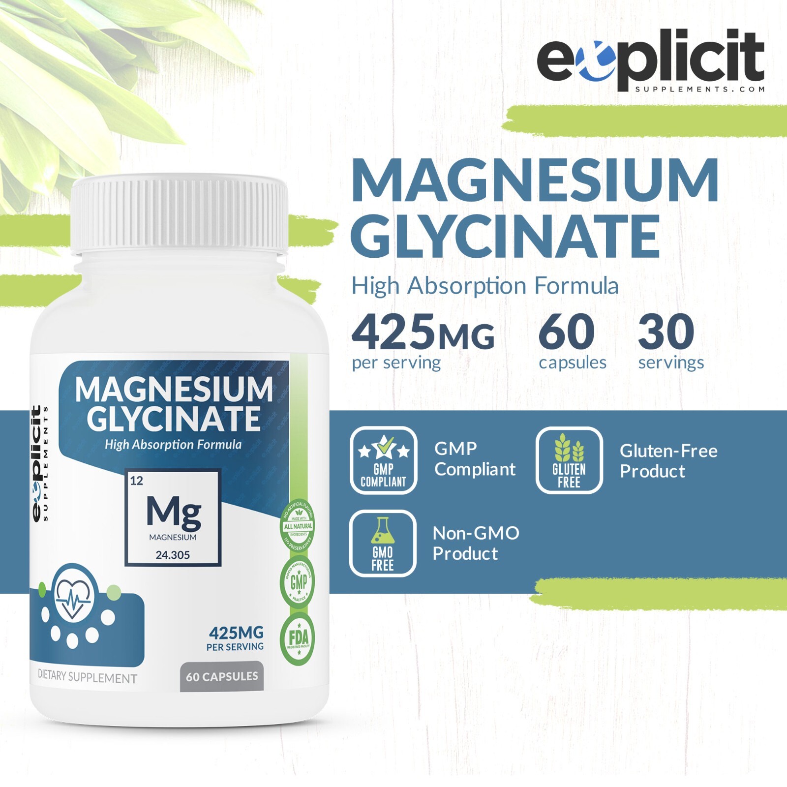 Pure Magnesium Glycinate 425mg, 100% Chelated, 60 Capsules – USA Made – 1 Month