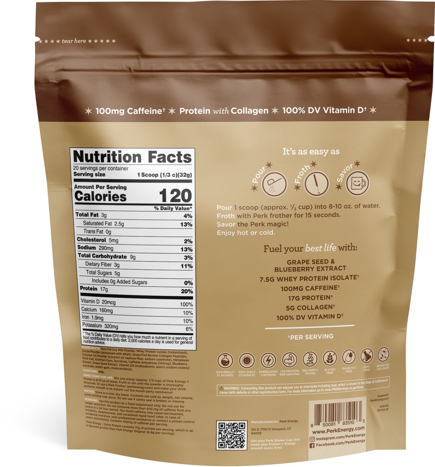 Perk Energy + Extra Protein (1.5 LB) Dutch Hot Cocoa, 20 Servings