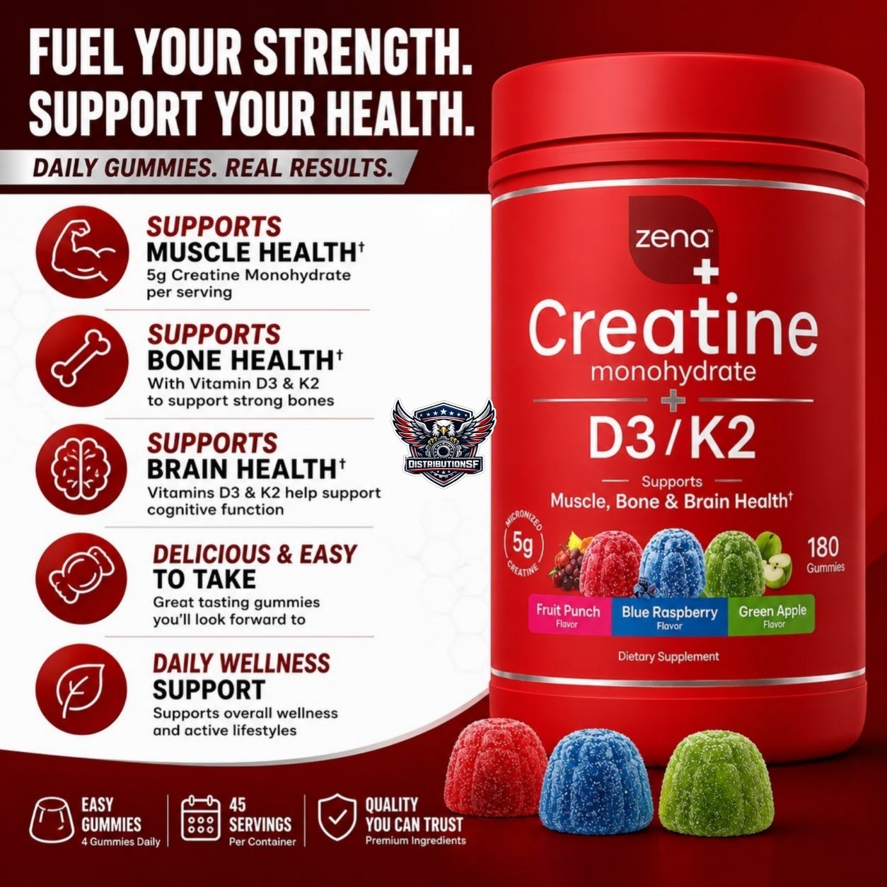 Zena Creatine Monohydrate Gummies + Vitamin D3 K2 180 Gummies 5g Creatine
