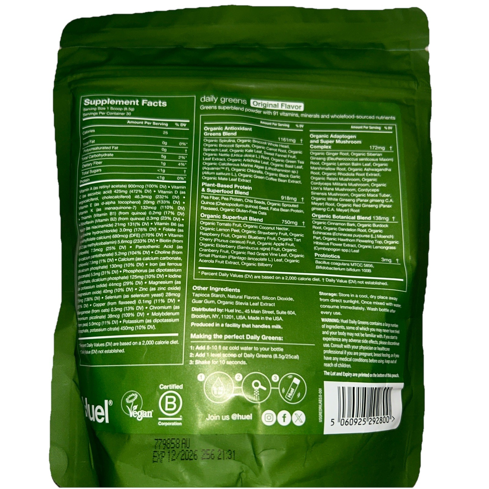 HUEL DAILY GREENS SUPERFOOD Powder 9 oz ( 30 Servings ) Original Flavor BY 12/26