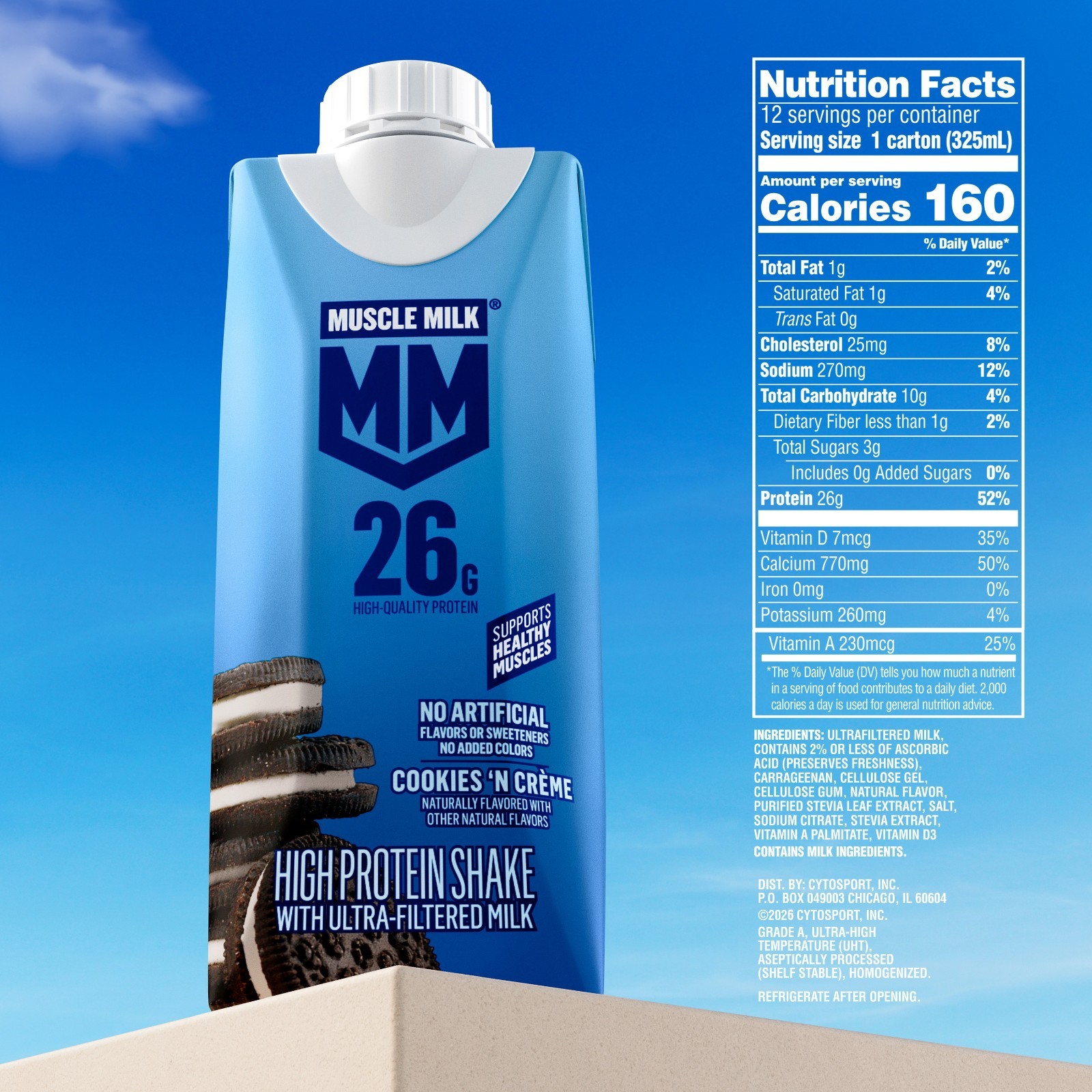 Muscle Milk 26g High Protein Shake, Cookies N Creme, Ultra- Filtered Milk 11 fl