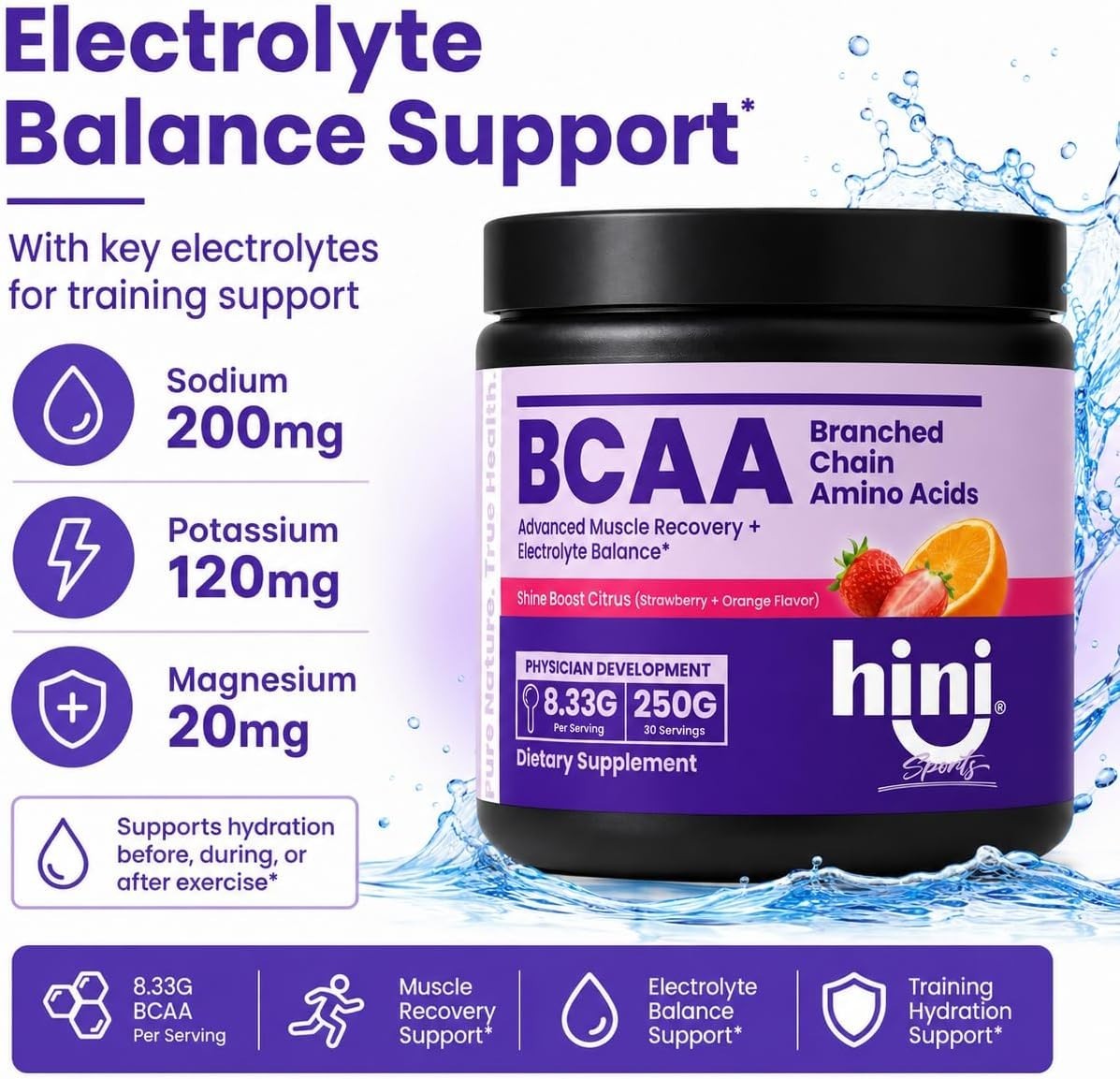 BCAA Powder, 2:1:1 Branched Chain Amino Acids with Electrolytes, 6000mg BCAA …