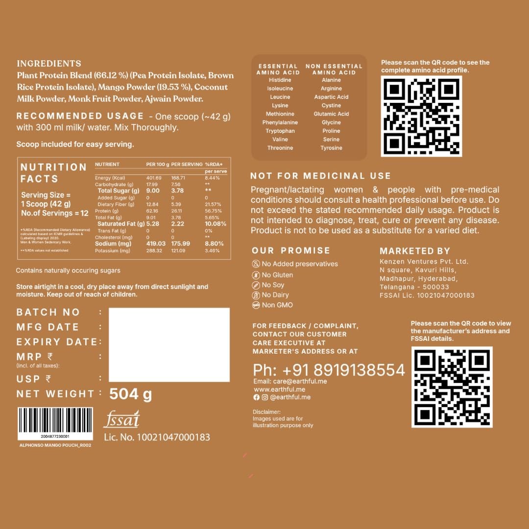 Earthful Plant Protein Mango Vegan Pea Brown Rice Protein 504g